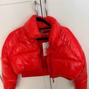 ZARA Red Cropped Puffer Jacket | Glossy Finish | Size S | NWT